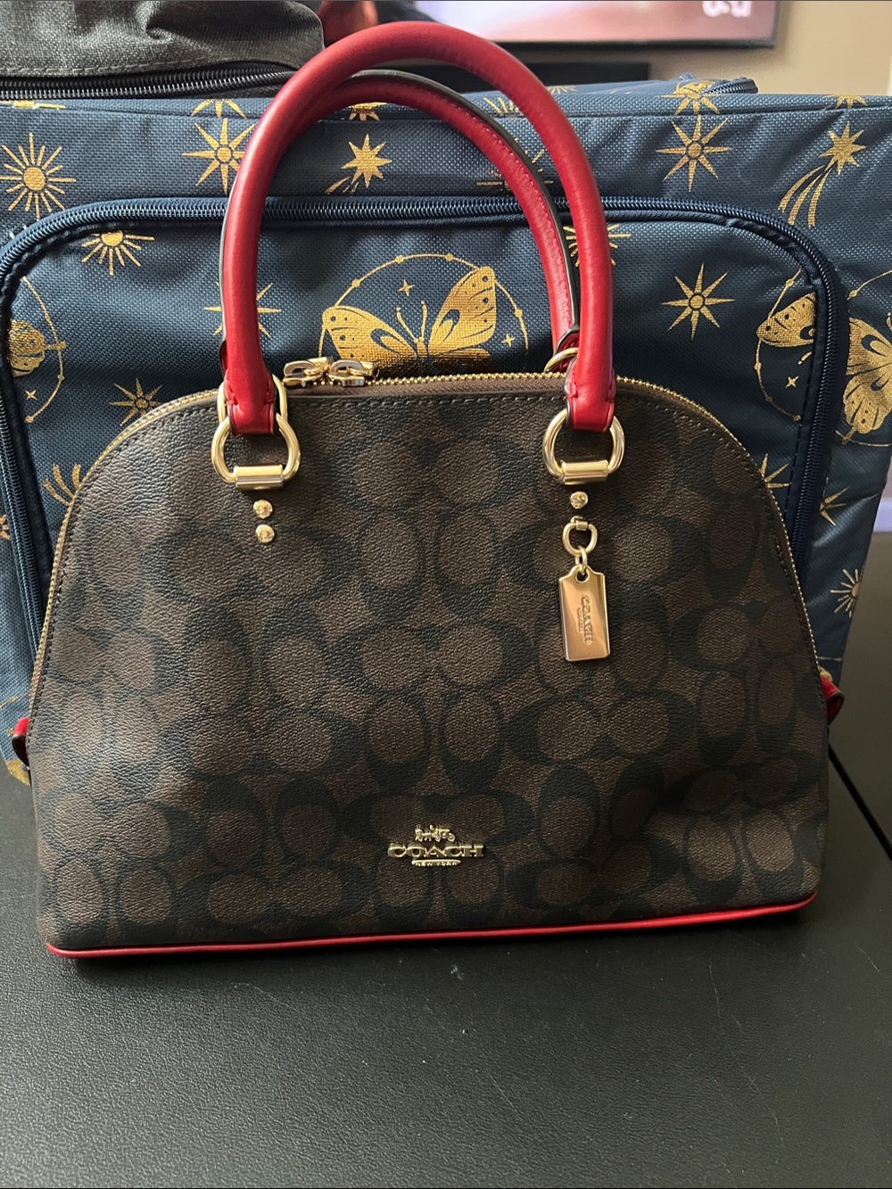 Coach Brown Signature Dome Satchel with Red Trim and Handles